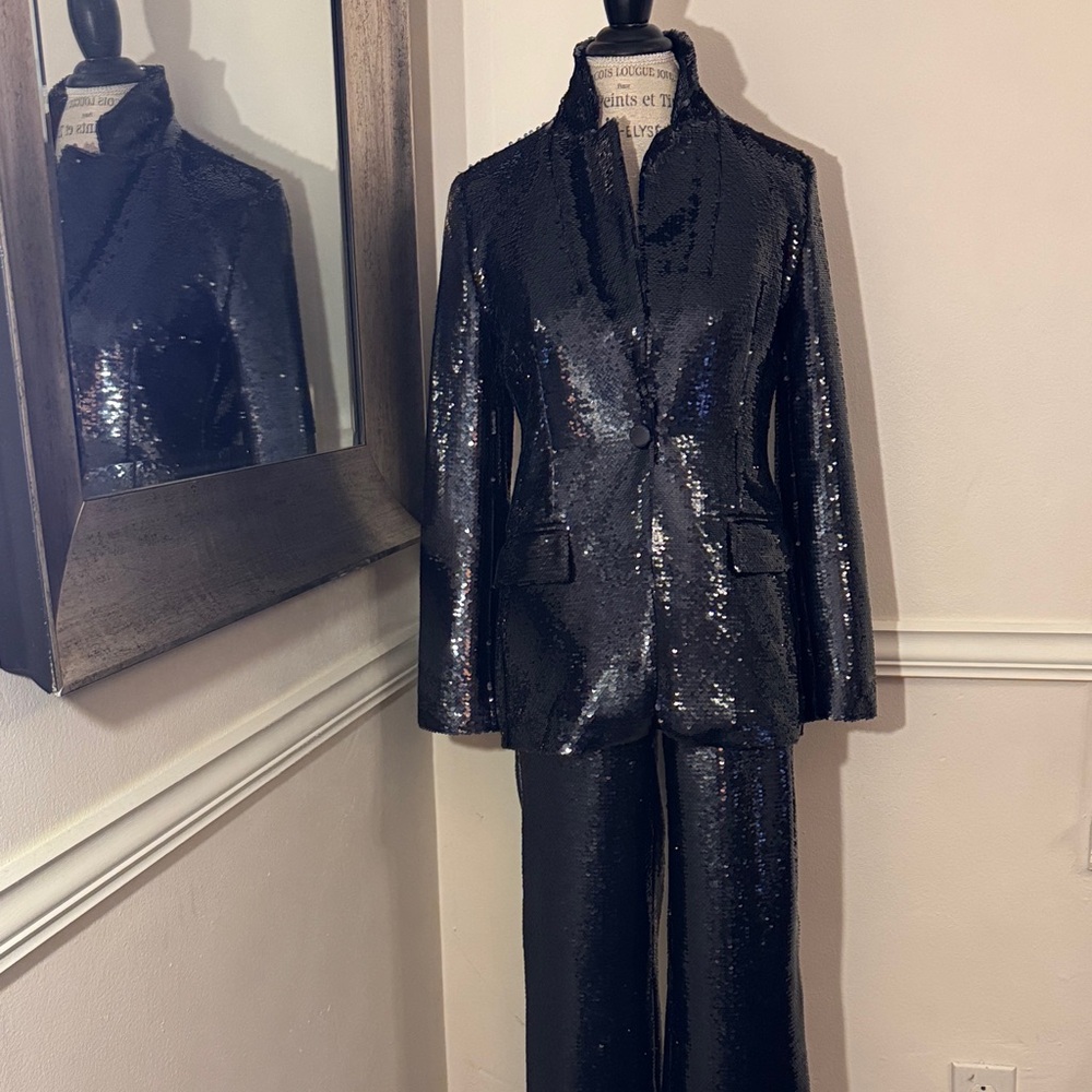 Elie Tahari Elegant Navy Sequin Jacket and Pant | Sold as a Set | Size Small
